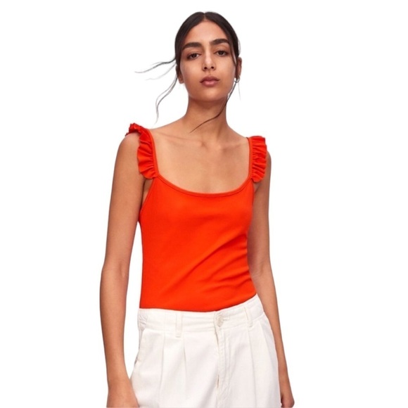 Zara Ribbed Ruffle Orange Sleeveless Bodysuit Small - Picture 1 of 9